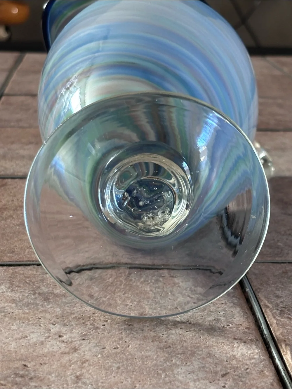 Hand-Blown Art Glass Pitcher Vase | Blue White Green Swirl Stripes 10 3/4 Inches
